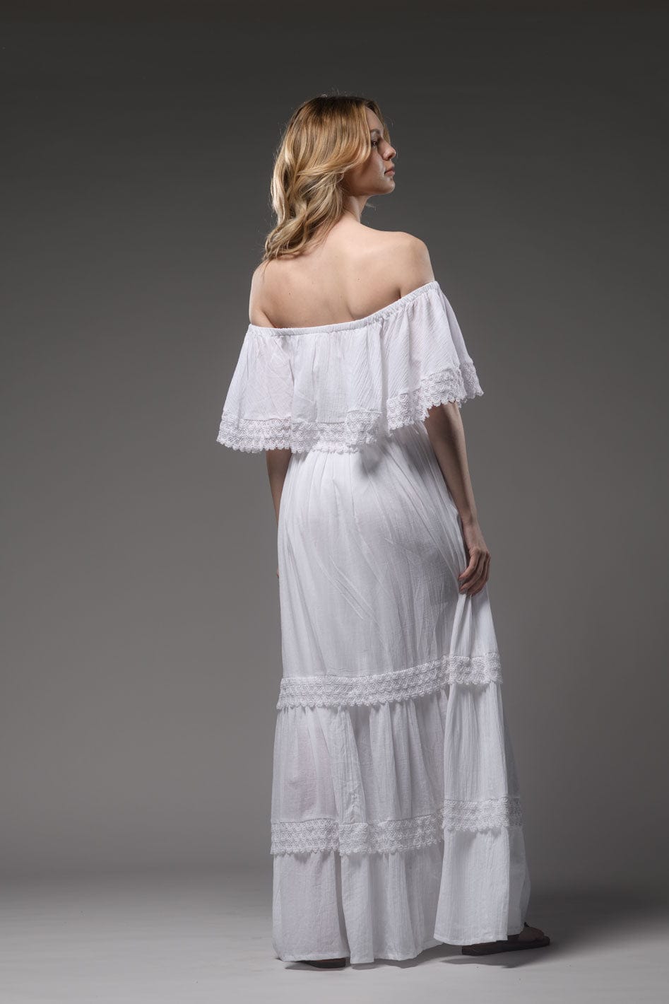 Bohemian white cotton romantic double layered open elastic round neckline long dress