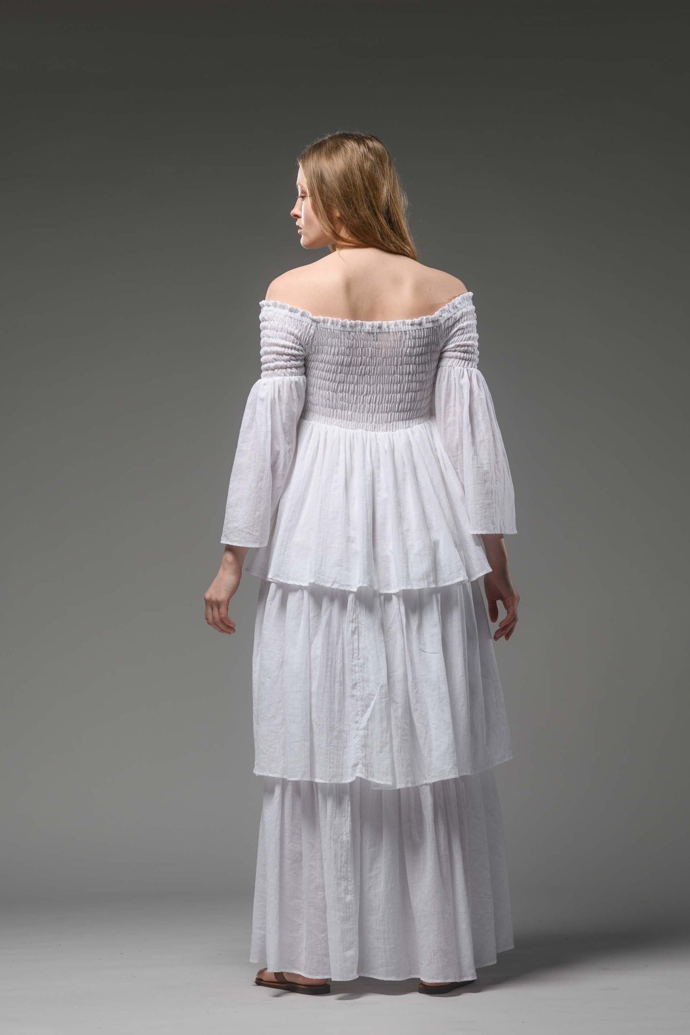 Bohemian white smocked bodice cotton romantic long dress