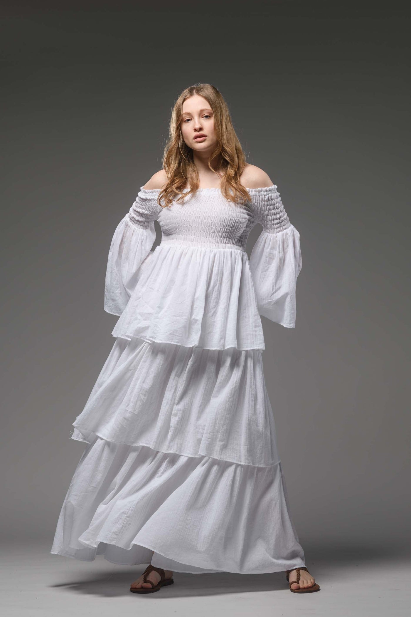 Bohemian white smocked bodice cotton romantic long dress