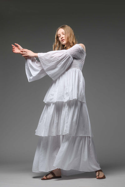 Bohemian white smocked bodice cotton romantic long dress
