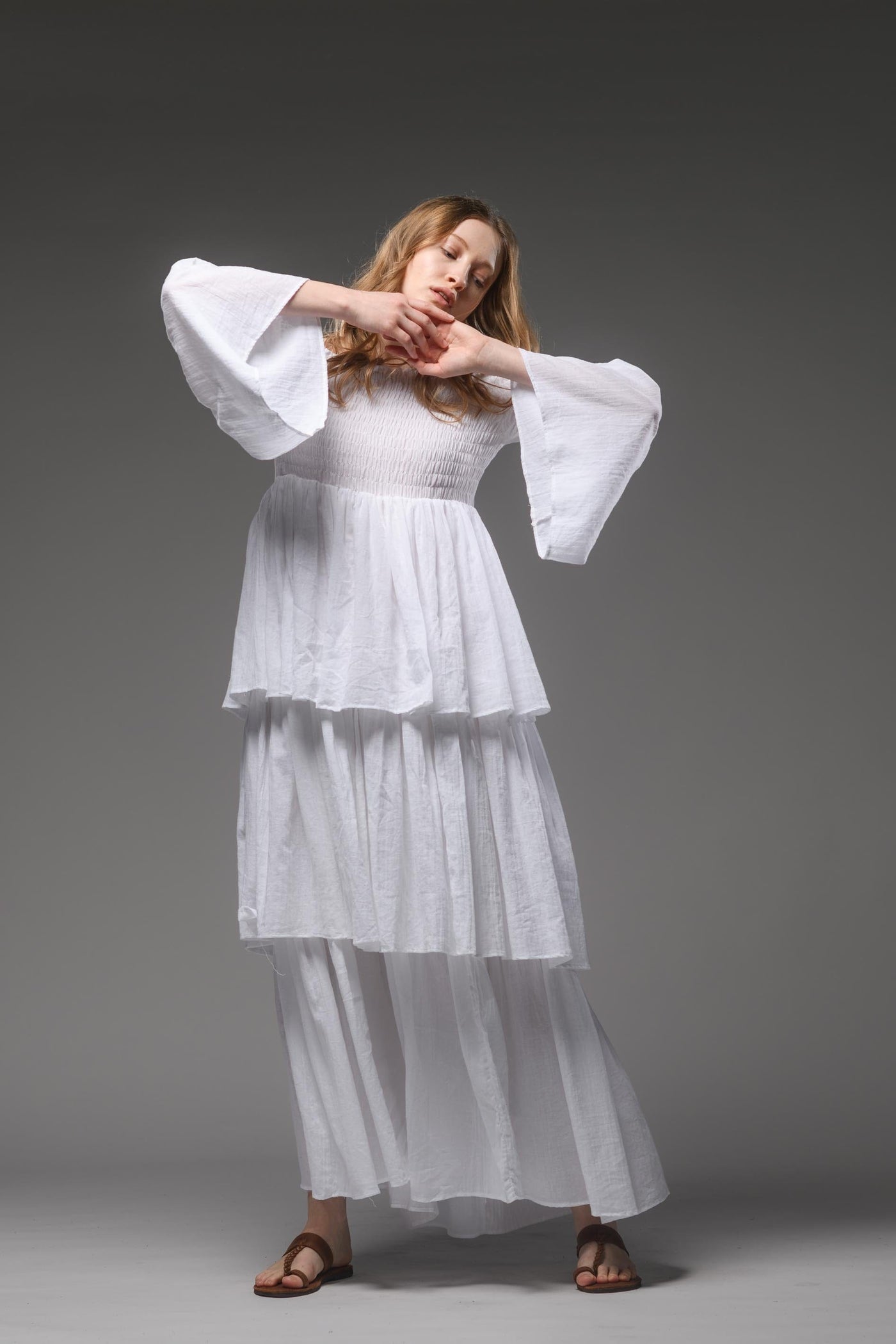 Bohemian white smocked bodice cotton romantic long dress