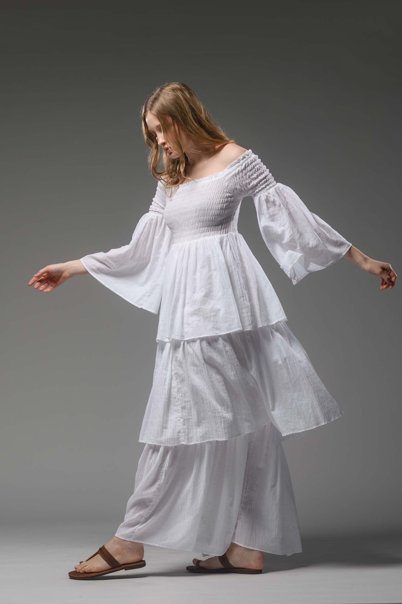 Bohemian white smocked bodice cotton romantic long dress