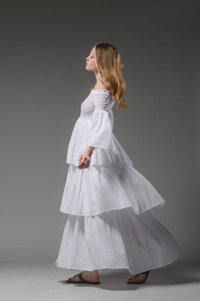 Bohemian white smocked bodice cotton romantic long dress