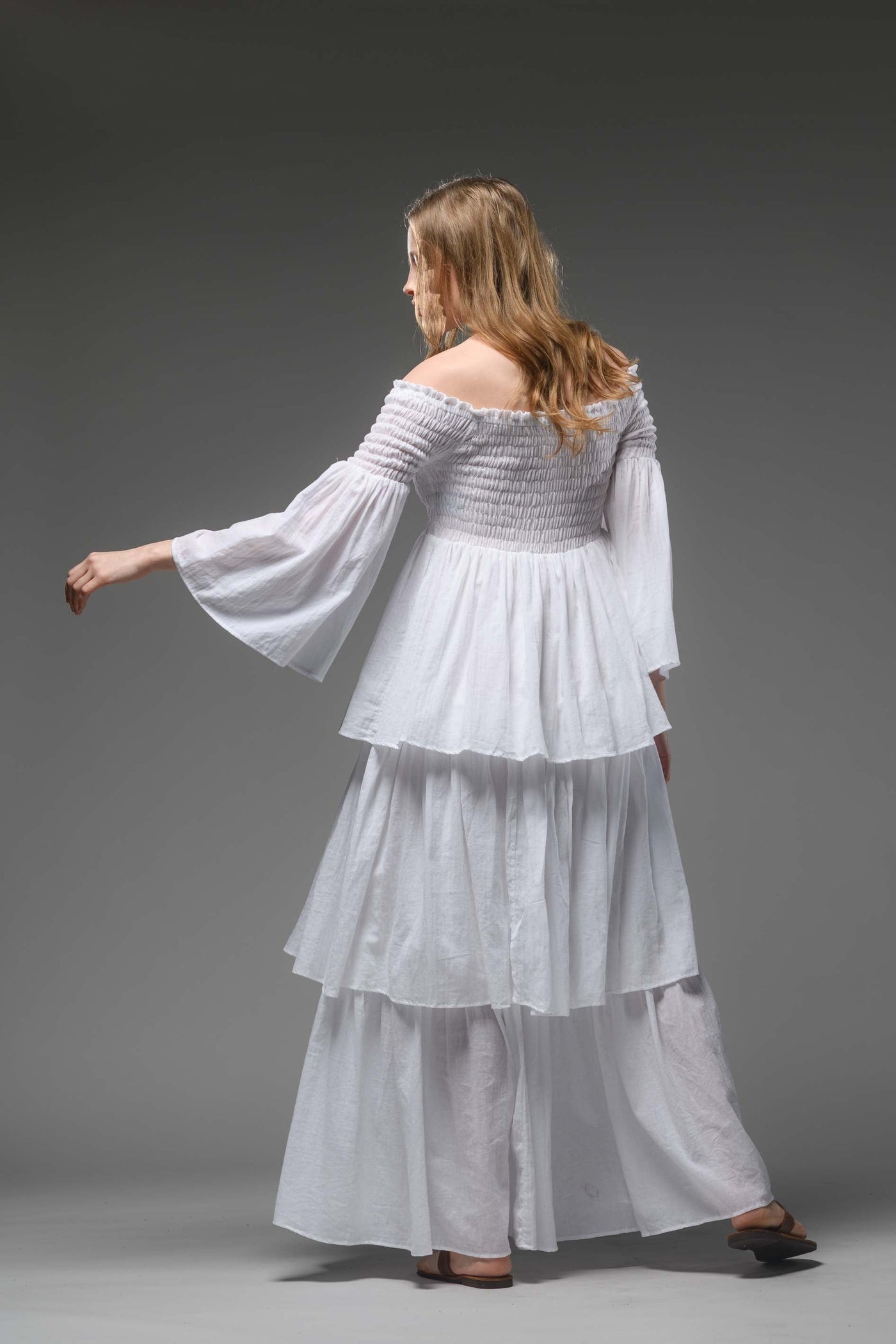 Bohemian white smocked bodice cotton romantic long dress