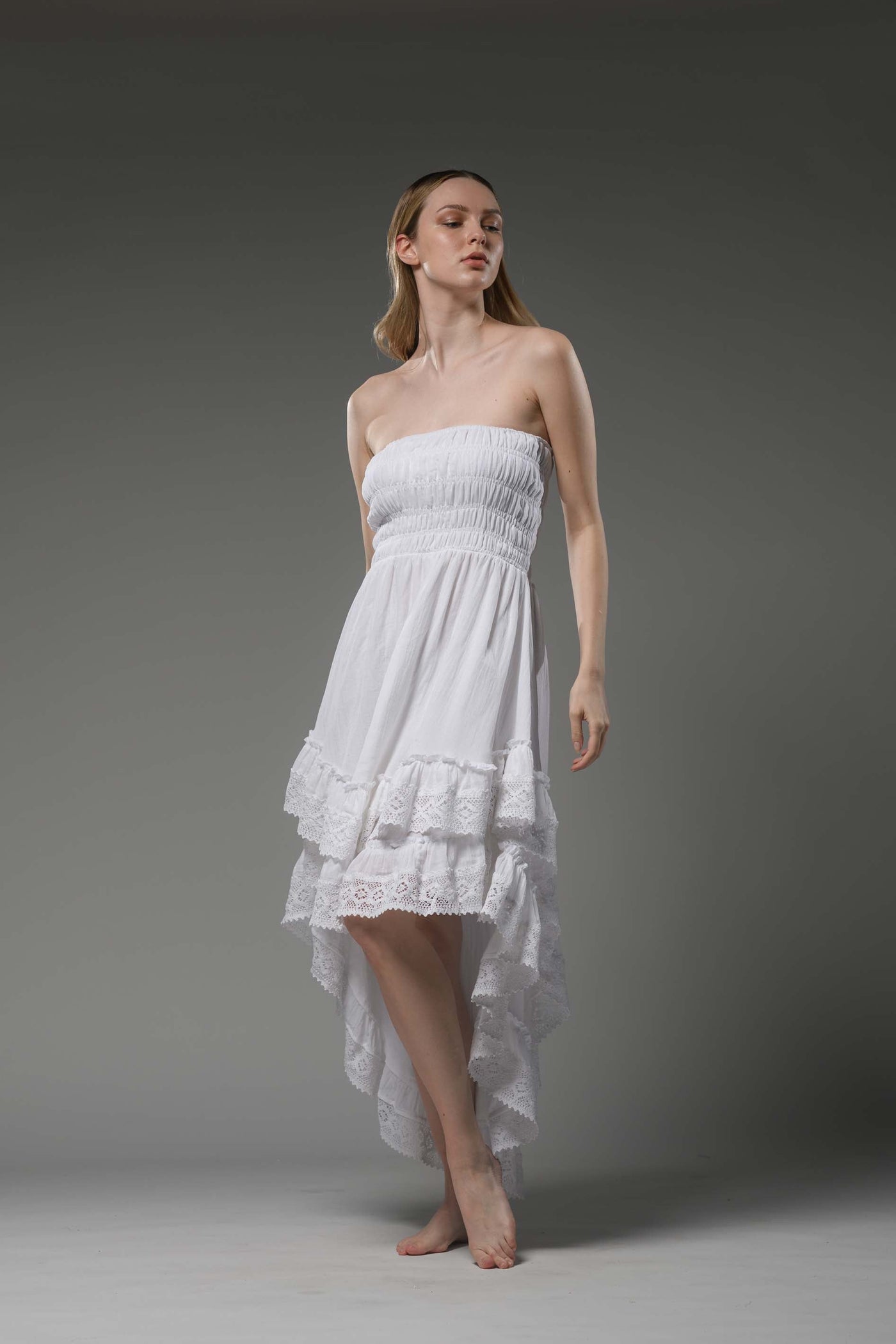 Bohemian white strapless smocked bodice asymmetric lace detail cotton dress 