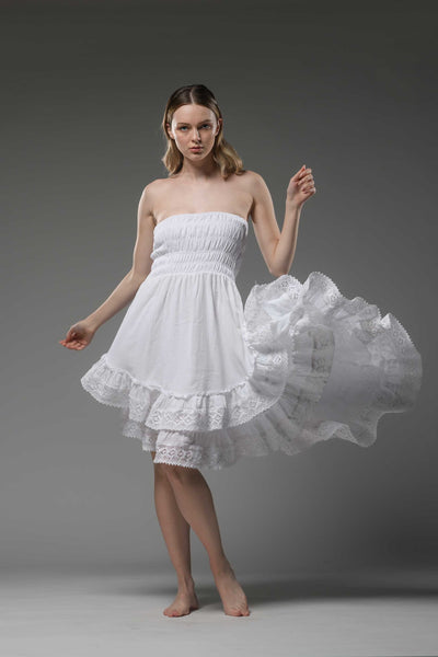 Bohemian white strapless smocked bodice asymmetric lace detail cotton dress 