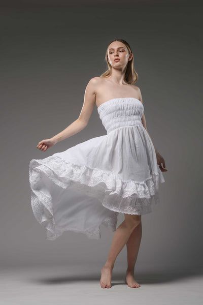 Bohemian white strapless smocked bodice asymmetric lace detail cotton dress 