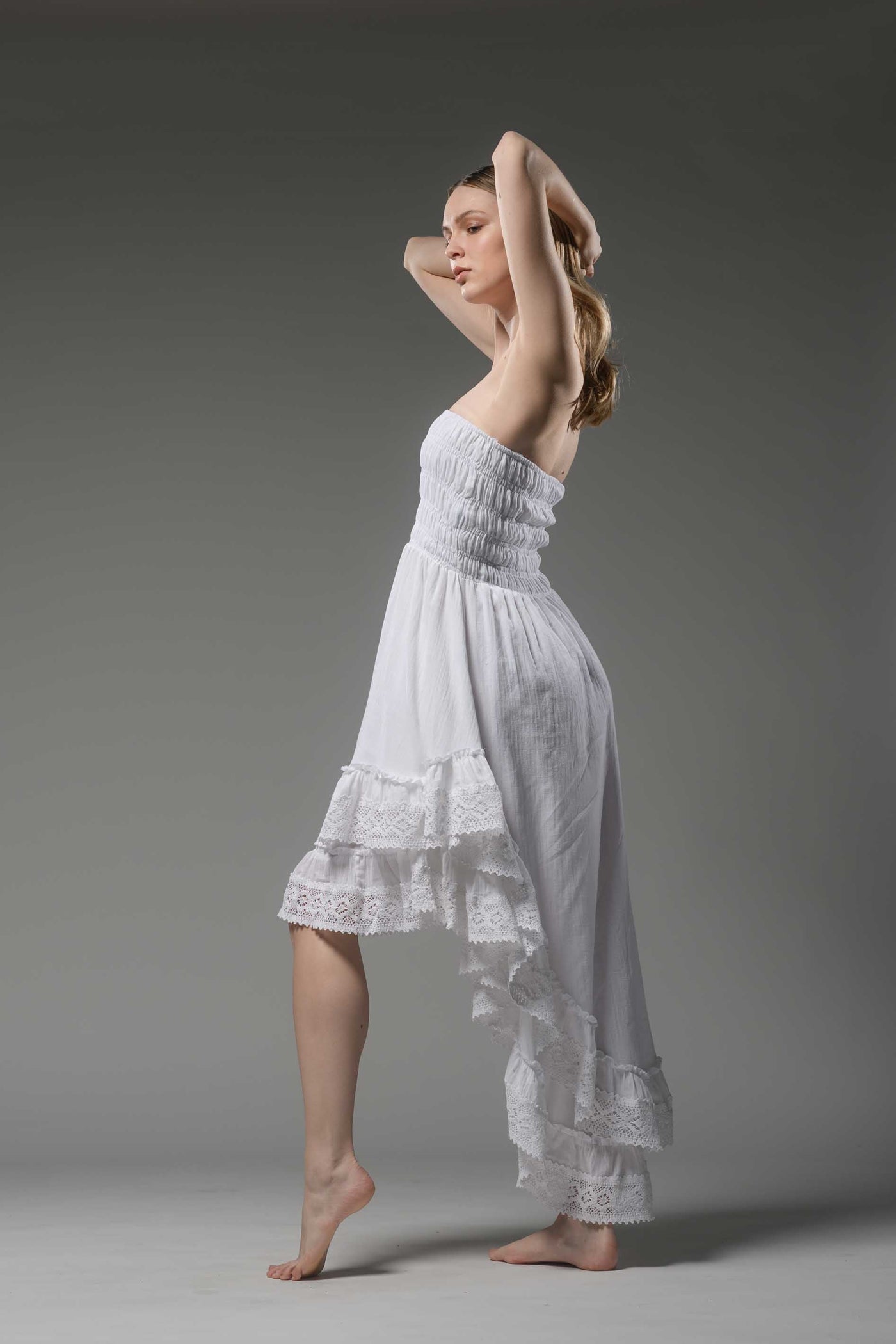 Bohemian white strapless smocked bodice asymmetric lace detail cotton dress 