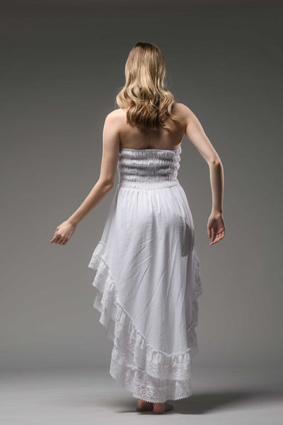 Bohemian white strapless smocked bodice asymmetric lace detail cotton dress 
