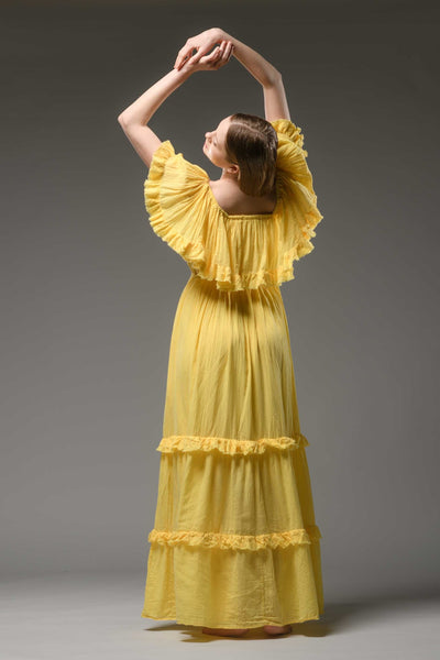 Hippie elegant double layer off the shoulder yellow cotton maxi dress