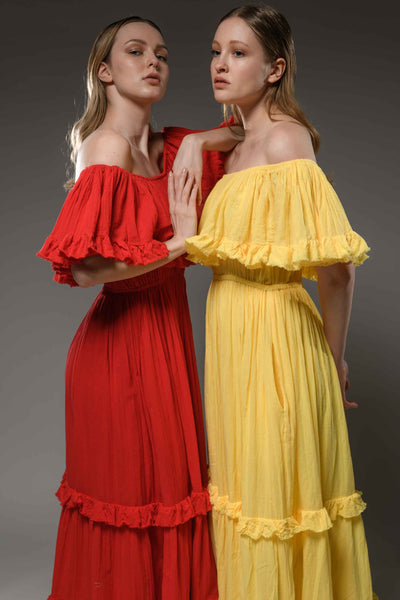 Hippie elegant double layer off the shoulder yellow cotton maxi dress