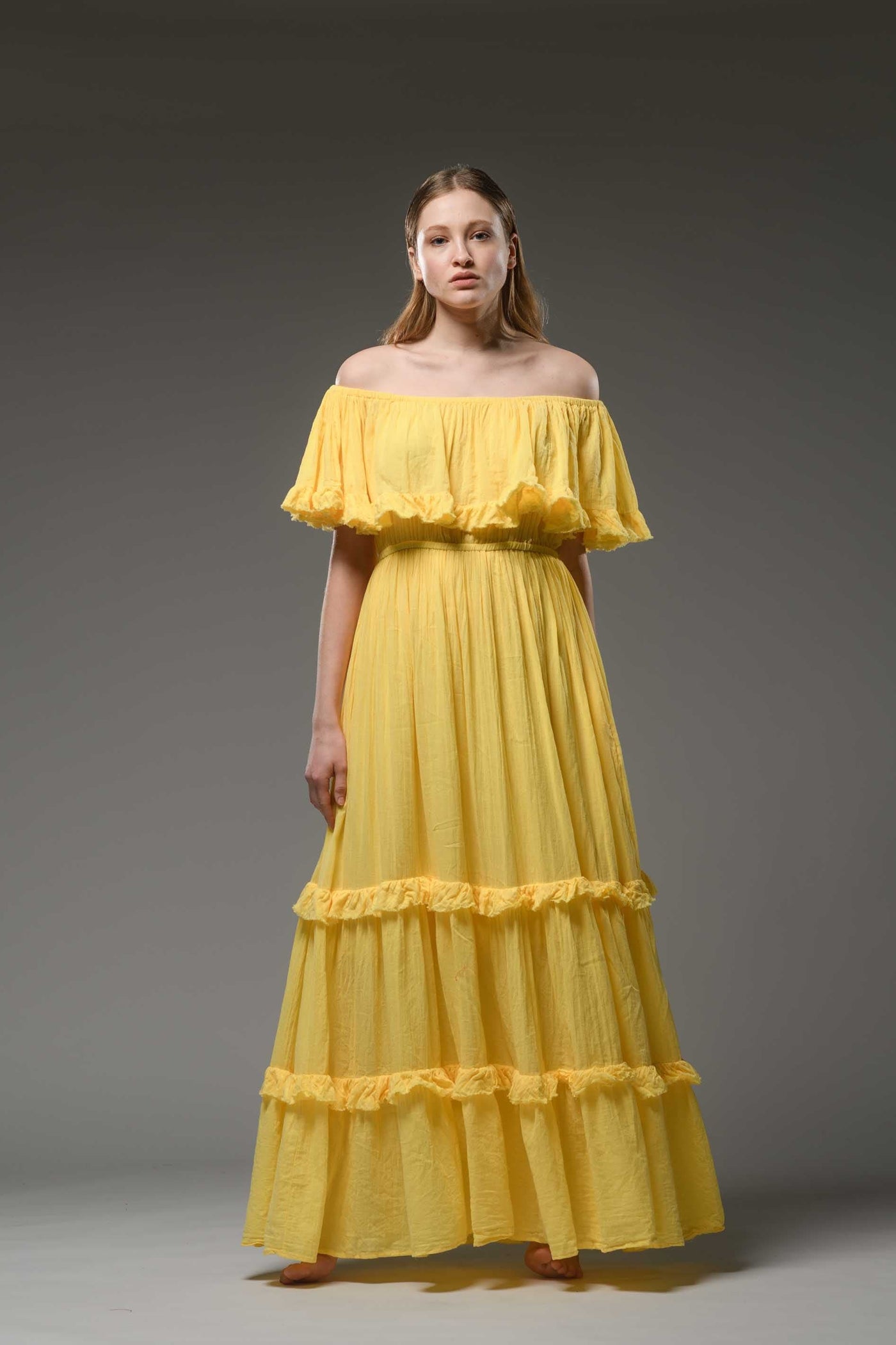 Hippie elegant double layer off the shoulder yellow cotton maxi dress