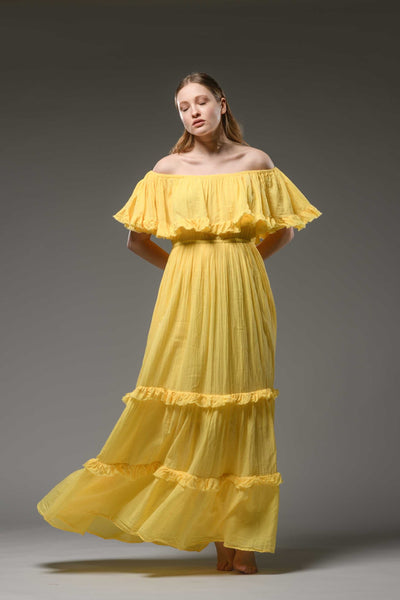 Hippie elegant double layer off the shoulder yellow cotton maxi dress