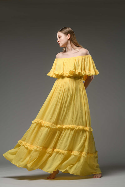 Hippie elegant double layer off the shoulder yellow cotton maxi dress