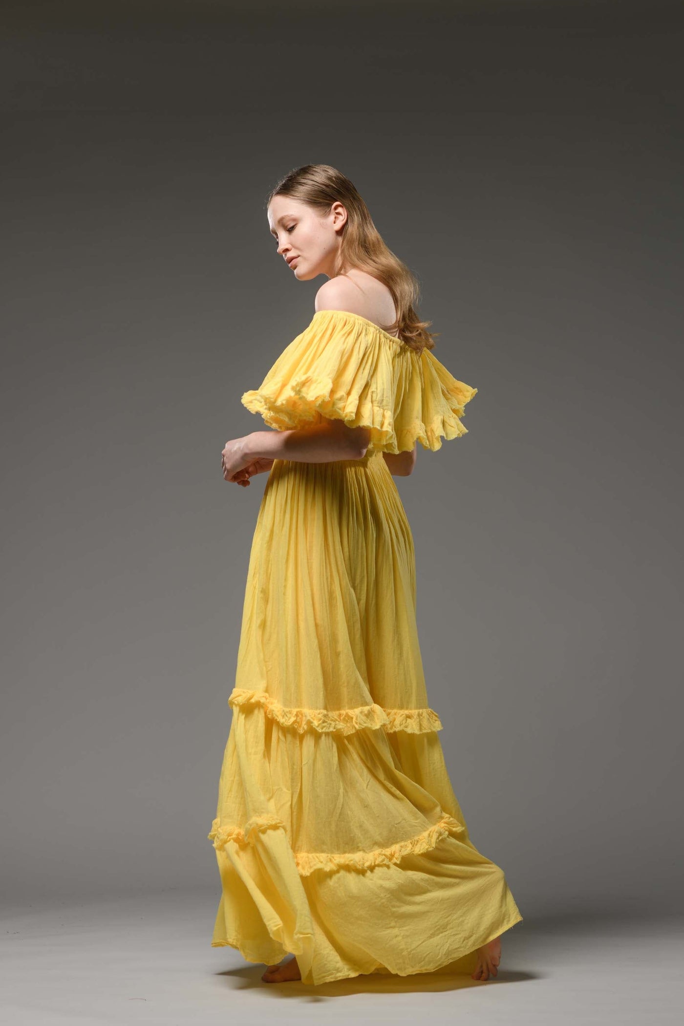 Hippie elegant double layer off the shoulder yellow cotton maxi dress