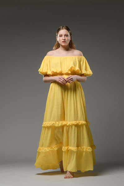 Hippie elegant double layer off the shoulder yellow cotton maxi dress