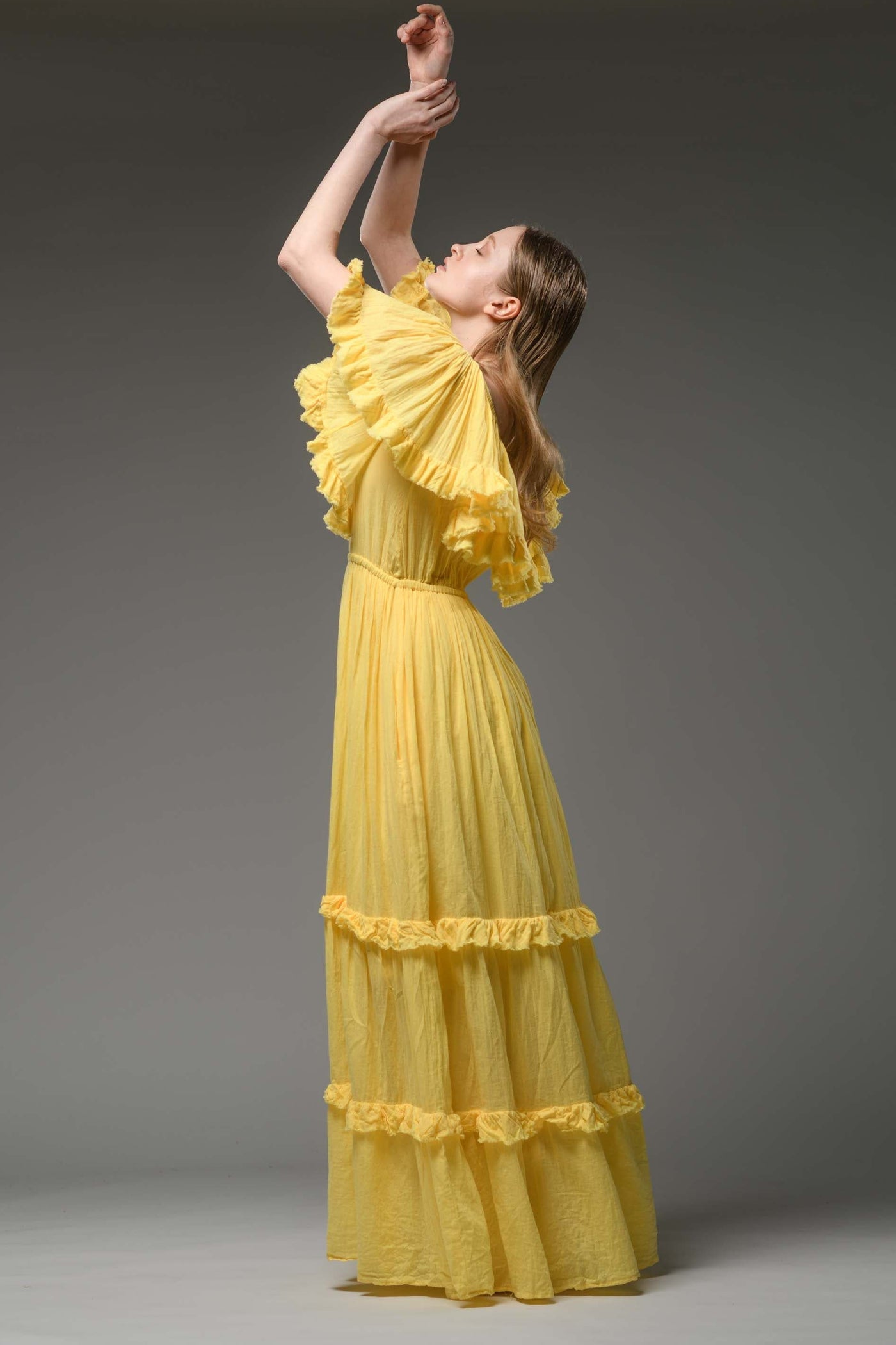 Hippie elegant double layer off the shoulder yellow cotton maxi dress