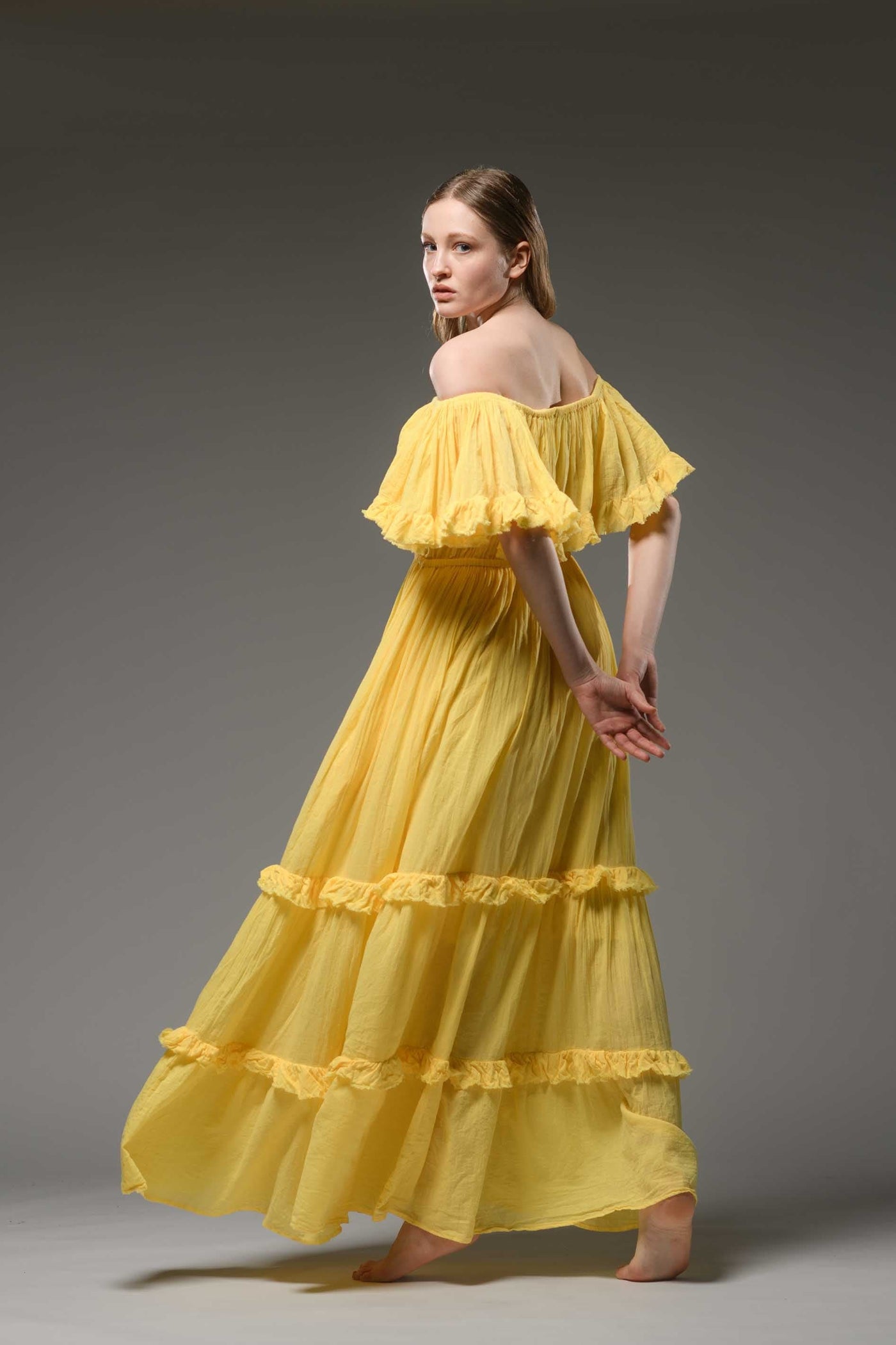 Hippie elegant double layer off the shoulder yellow cotton maxi dress