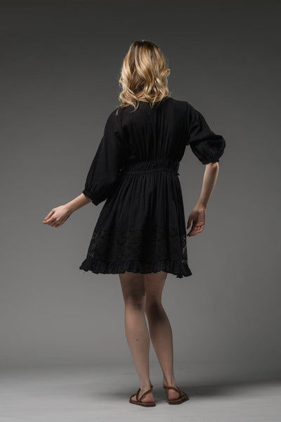 Boho chic V neck black cotton midi dress with lace details