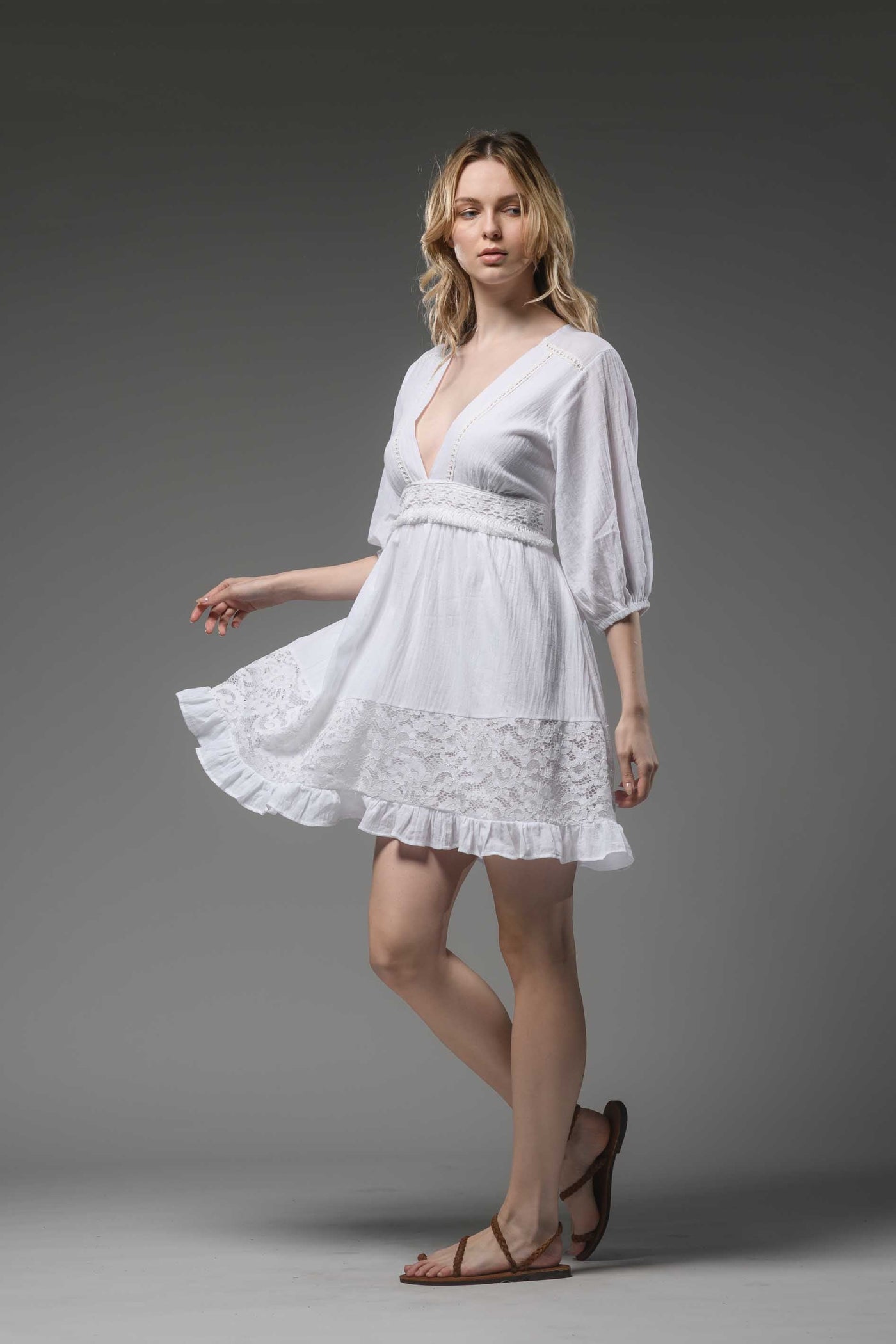 Boho chic V neck white cotton midi dress with lace details