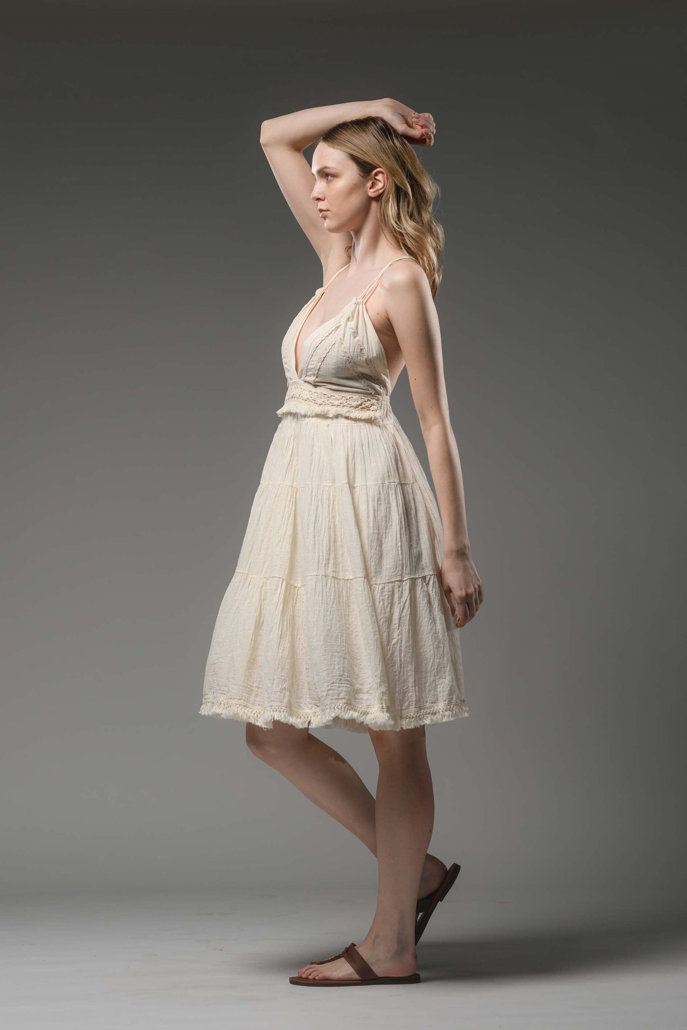 Boho chic beige cotton halter V neck short dress. 