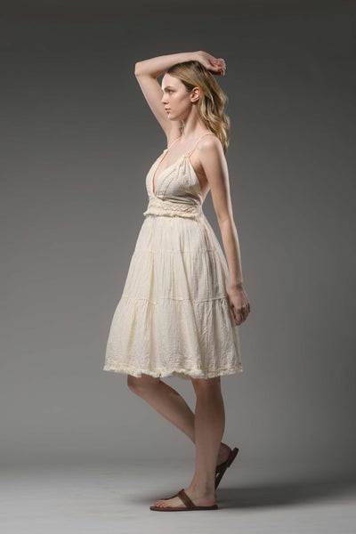 Boho chic beige cotton halter V neck short dress. 