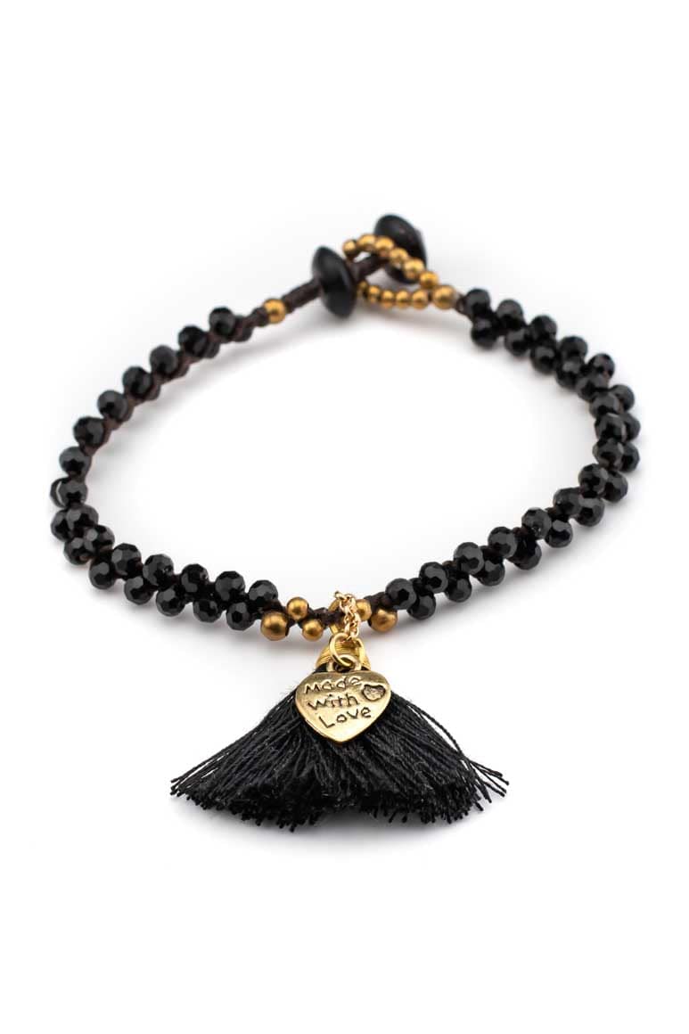 Boho chic handmade wax thread bracelet decorated with brass beads, black crystals and tassel with heart shape pendant-awatara