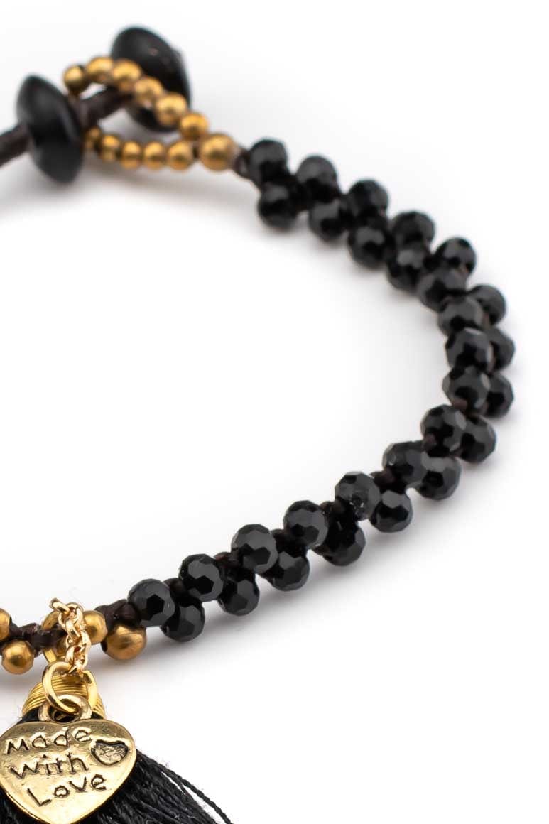 Boho chic handmade wax thread bracelet decorated with brass beads, black crystals and tassel with heart shape pendant-awatara