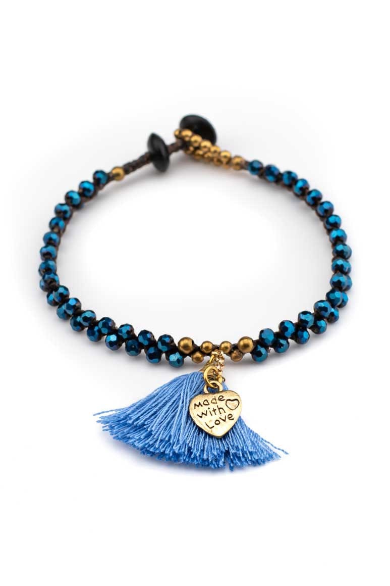 Boho chic handmade wax thread bracelet decorated with brass beads, blue crystals and tassel with heart shape pendant-awatara