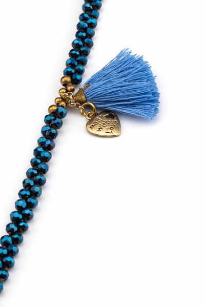 Boho chic handmade wax thread bracelet decorated with brass beads, blue crystals and tassel with heart shape pendant-awatara
