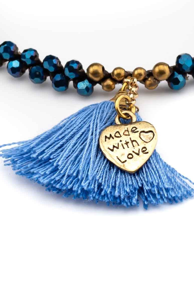Boho chic handmade wax thread bracelet decorated with brass beads, blue crystals and tassel with heart shape pendant-awatara