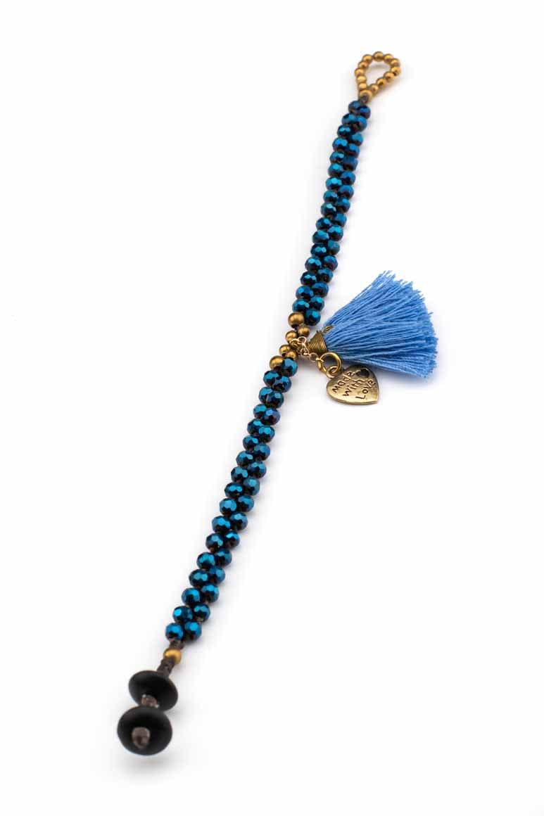 Boho chic handmade wax thread bracelet decorated with brass beads, blue crystals and tassel with heart shape pendant-awatara