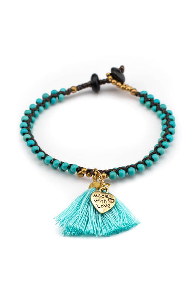 Boho chic handmade wax thread bracelet decorated with brass beads turquoise stones and tassel with heart shape pendant-awatara