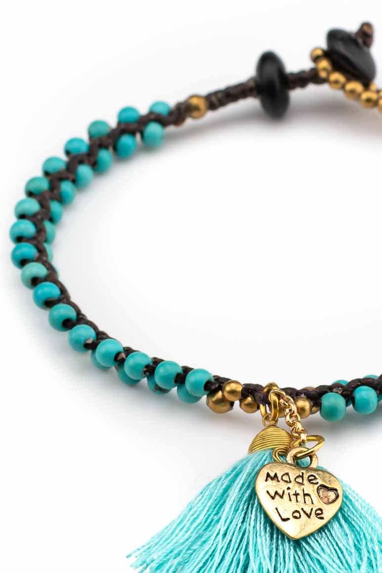 Boho chic handmade wax thread bracelet decorated with brass beads turquoise stones and tassel with heart shape pendant-awatara
