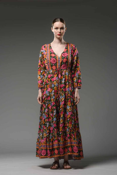 Boho inspired ethnic style V-neckline, long sleeve and waist band long red flower border print maxi dress