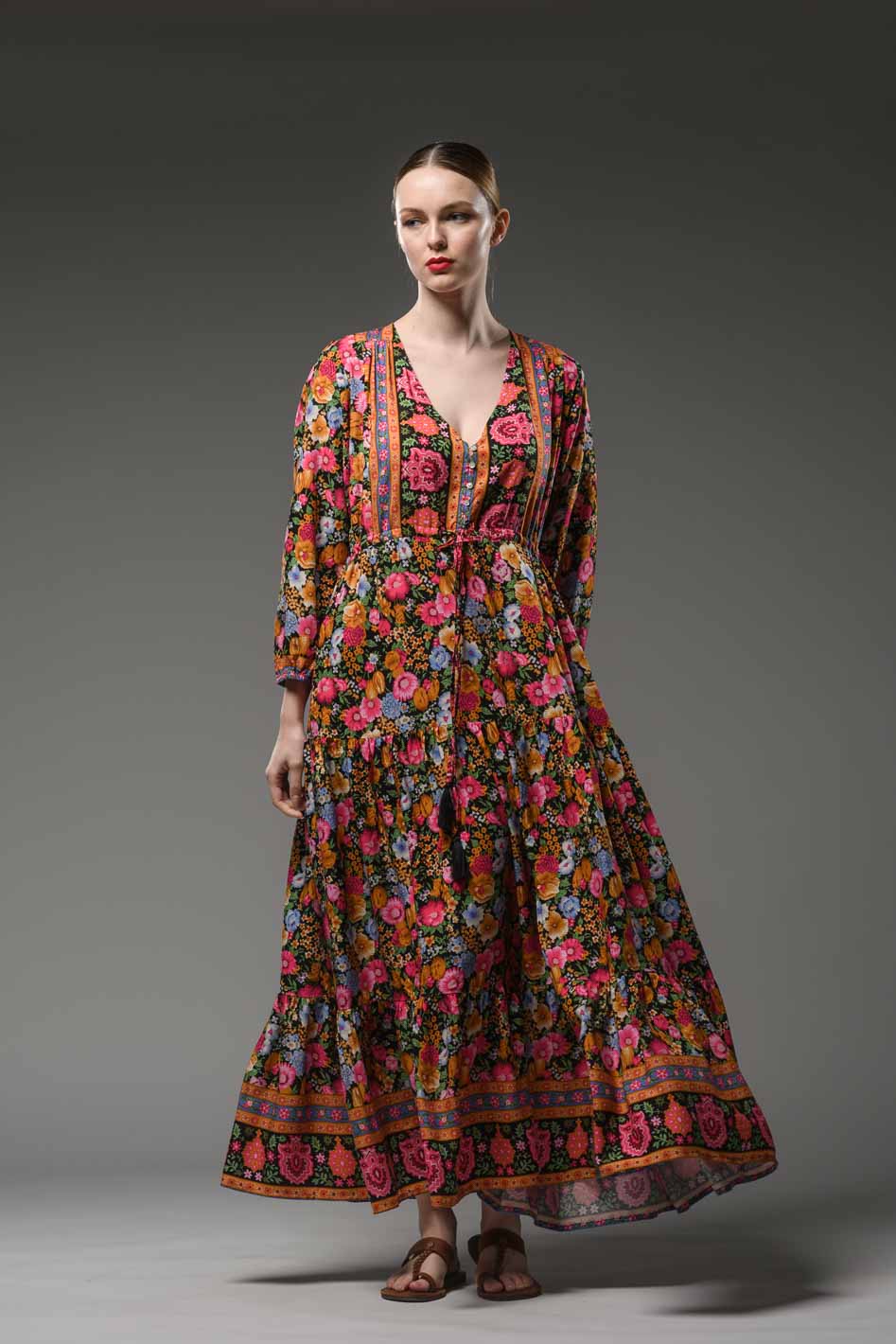 Boho inspired ethnic style V-neckline, long sleeve and waist band long red flower border print maxi dress