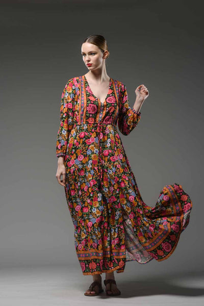 Boho inspired ethnic style V-neckline, long sleeve and waist band long red flower border print maxi dress