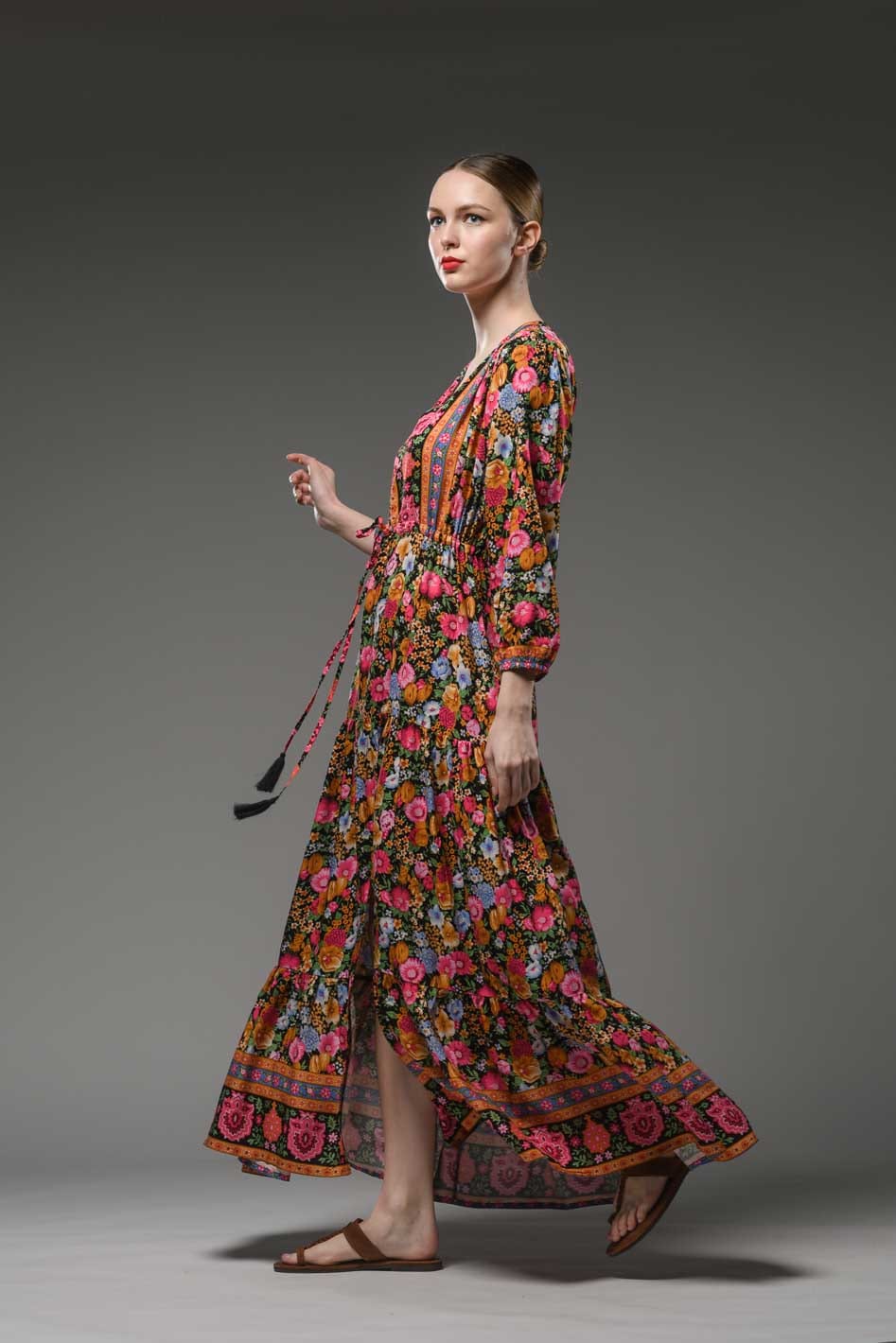 Boho inspired ethnic style V-neckline, long sleeve and waist band long red flower border print maxi dress