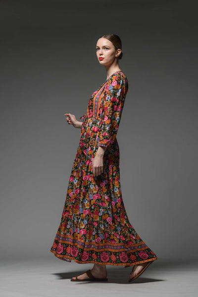 Boho inspired ethnic style V-neckline, long sleeve and waist band long red flower border print maxi dress