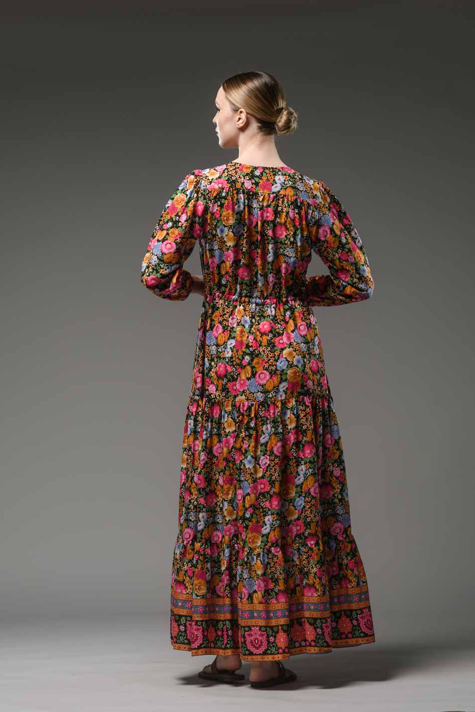 Boho inspired ethnic style V-neckline, long sleeve and waist band long red flower border print maxi dress