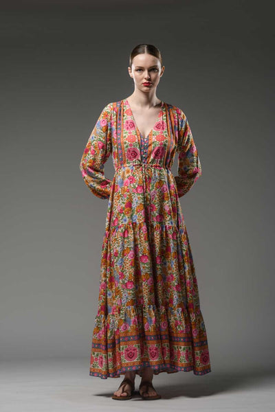 Boho inspired ethnic style V-neckline, long sleeve and waist band long pink red flower border print maxi dress