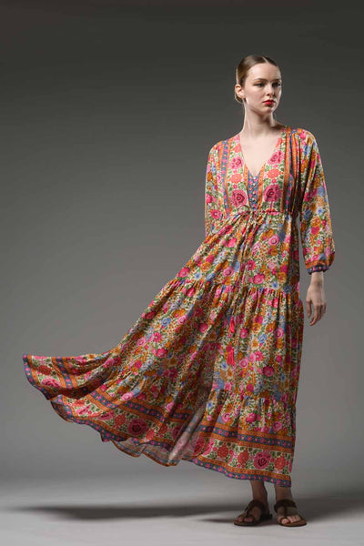 Boho inspired ethnic style V-neckline, long sleeve and waist band long pink red flower border print maxi dress