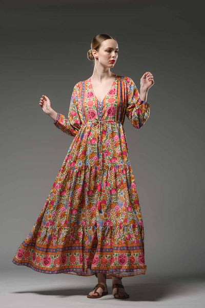 Boho inspired ethnic style V-neckline, long sleeve and waist band long pink red flower border print maxi dress