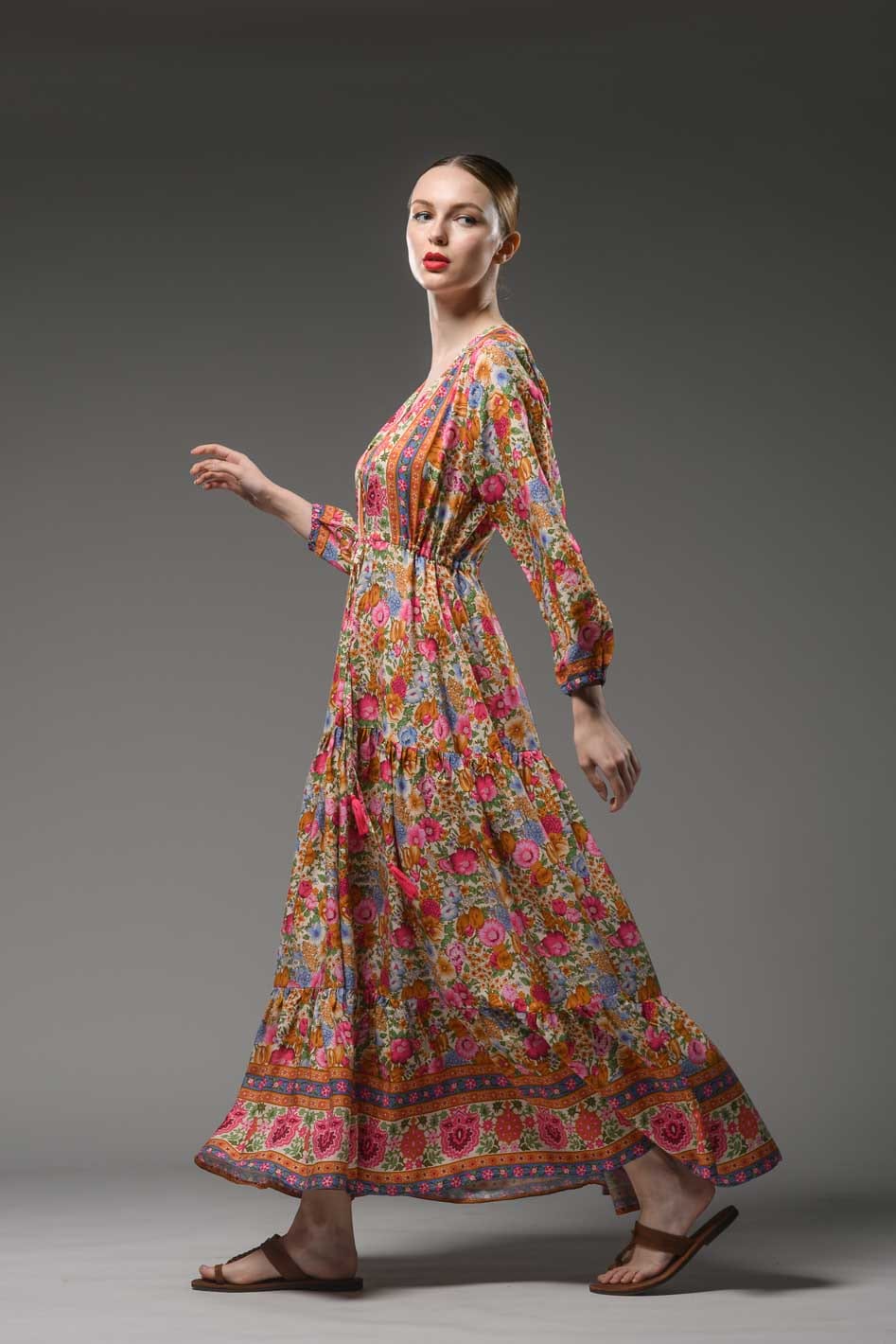 Boho inspired ethnic style V-neckline, long sleeve and waist band long pink red flower border print maxi dress