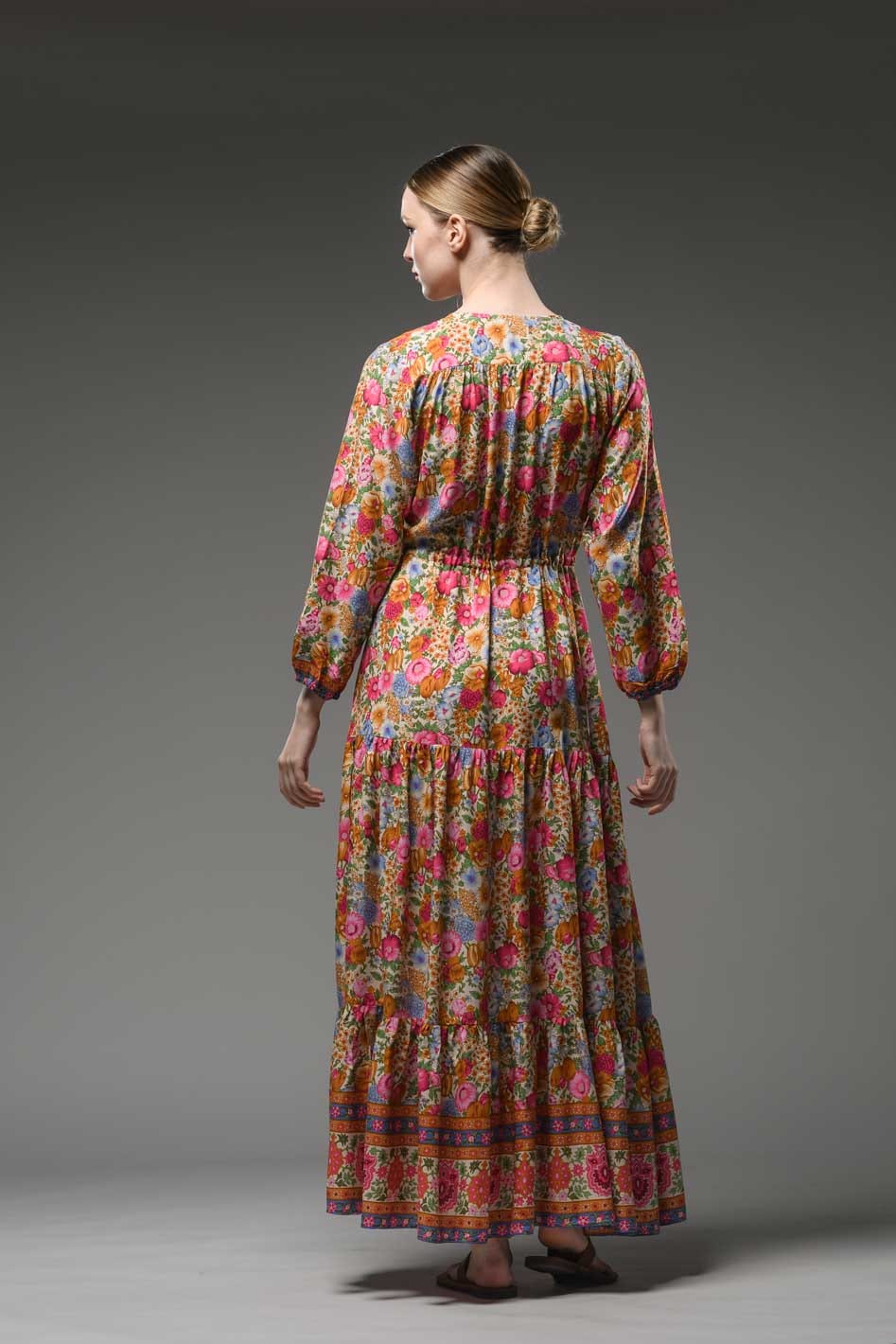 Boho inspired ethnic style V-neckline, long sleeve and waist band long pink red flower border print maxi dress