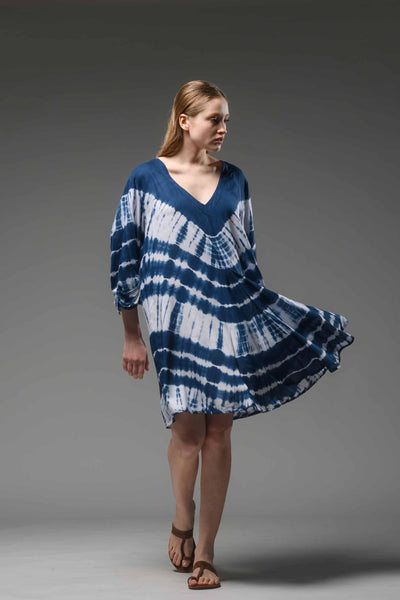 Easy wear blue white tie dye V neck 3/4 sleeve midi dress