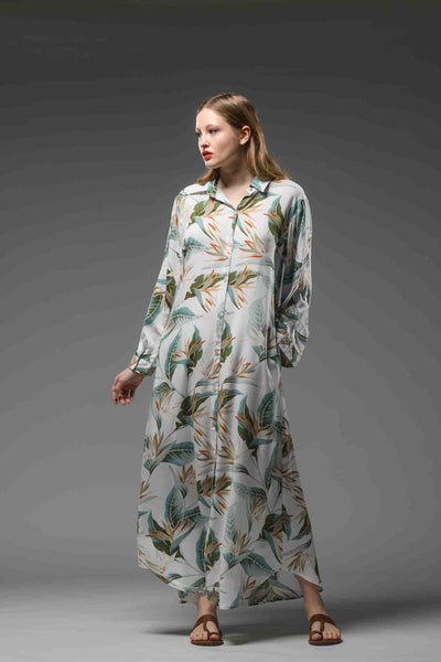 Elegant green flower print white rayon long collared shirt dress