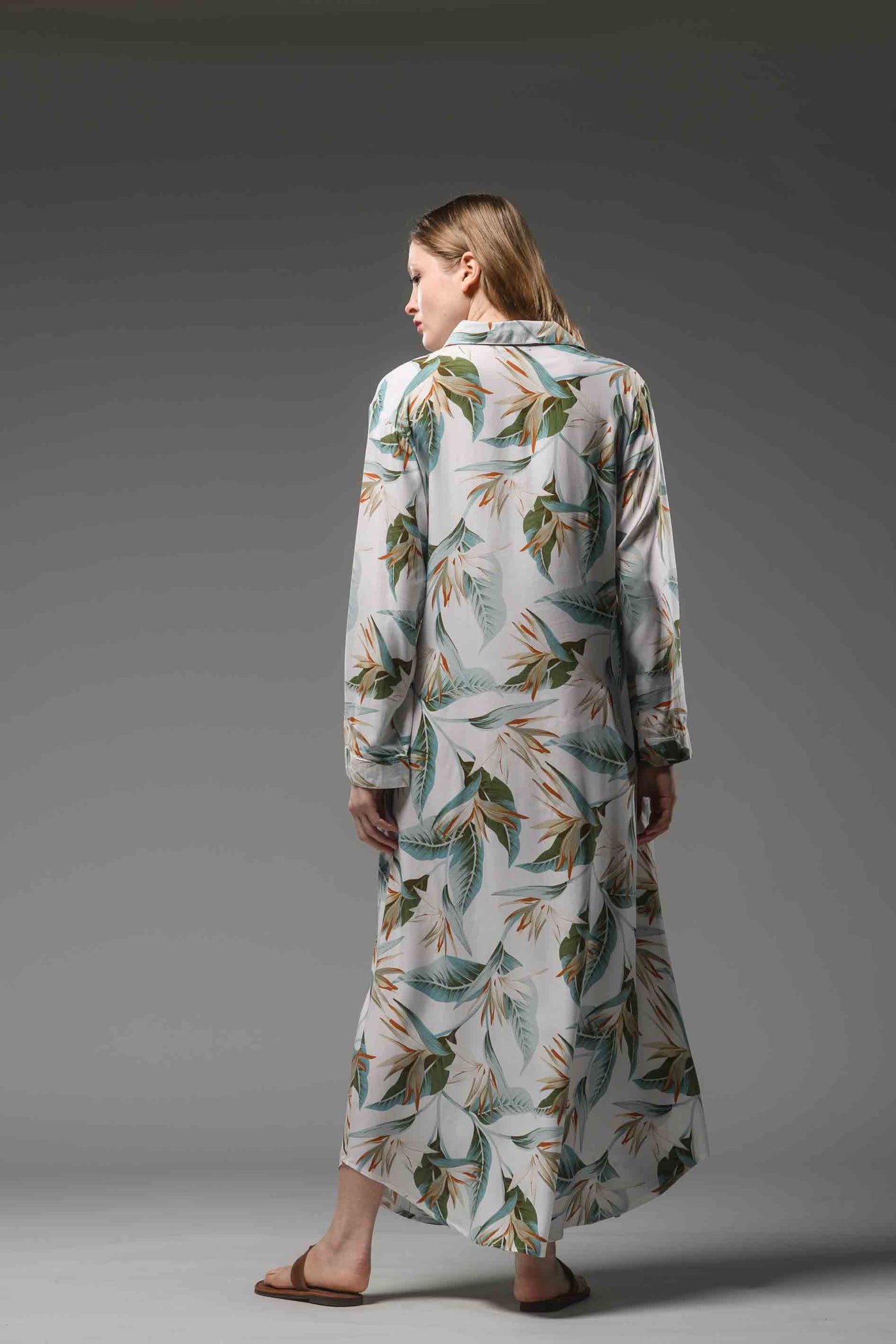 Elegant green flower print white rayon long collared shirt dress
