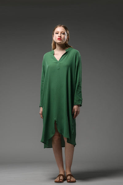 Elegant green rayon crepe shirt pocket long sleeve minimal dress 