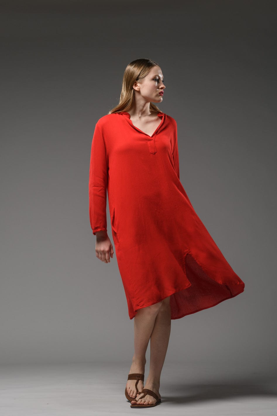 Elegant red rayon crepe shirt pocket long sleeve minimal dress 